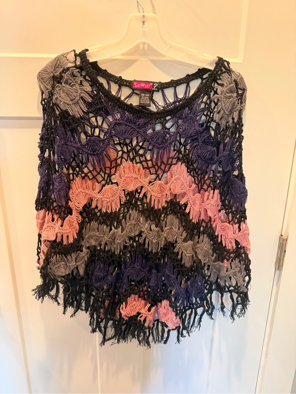 Say What? Boho Crochet Fringe Poncho Pink Purple Black One Size